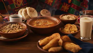 traditional meal with diverse dishes and warm setting