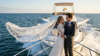 bride and groom on speedboat at sunset