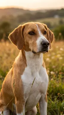 beagle in golden field at sunset